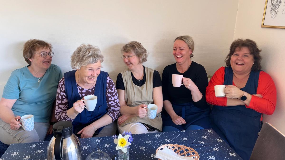 Fem blide damer i kjøkkenkroken