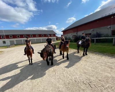 Fire elever som sitter på hver sin hest ved stallen.