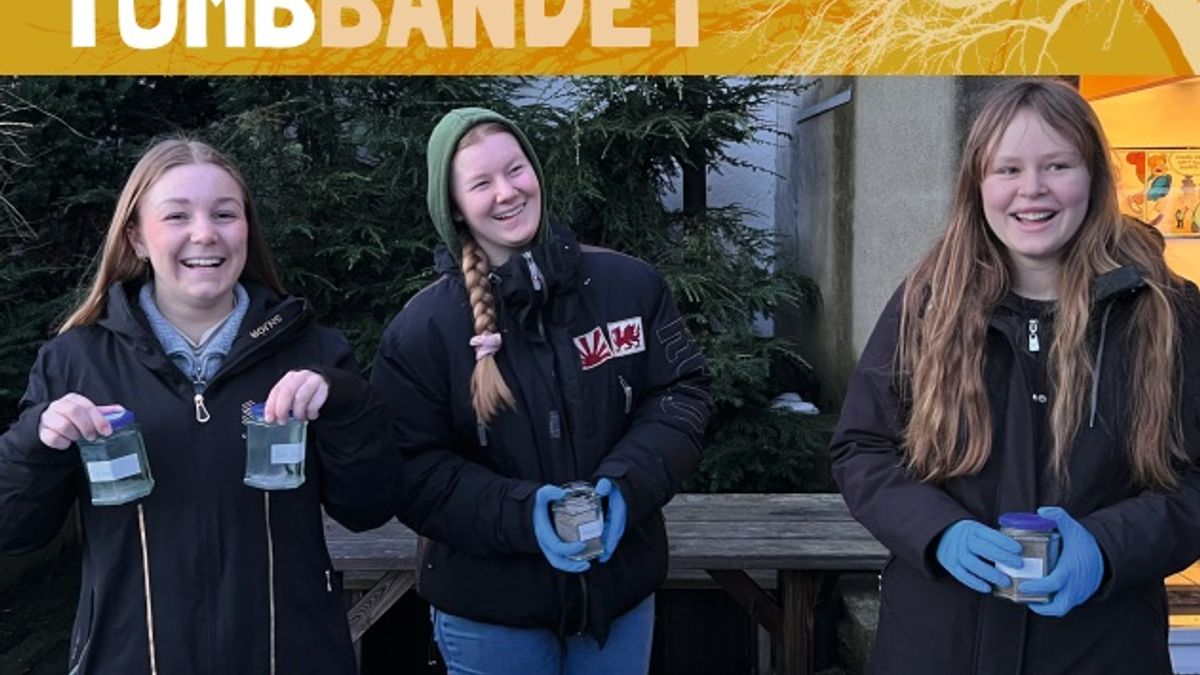 3 elever står utenfor et skolebygg med diverse kjemiutstyr.